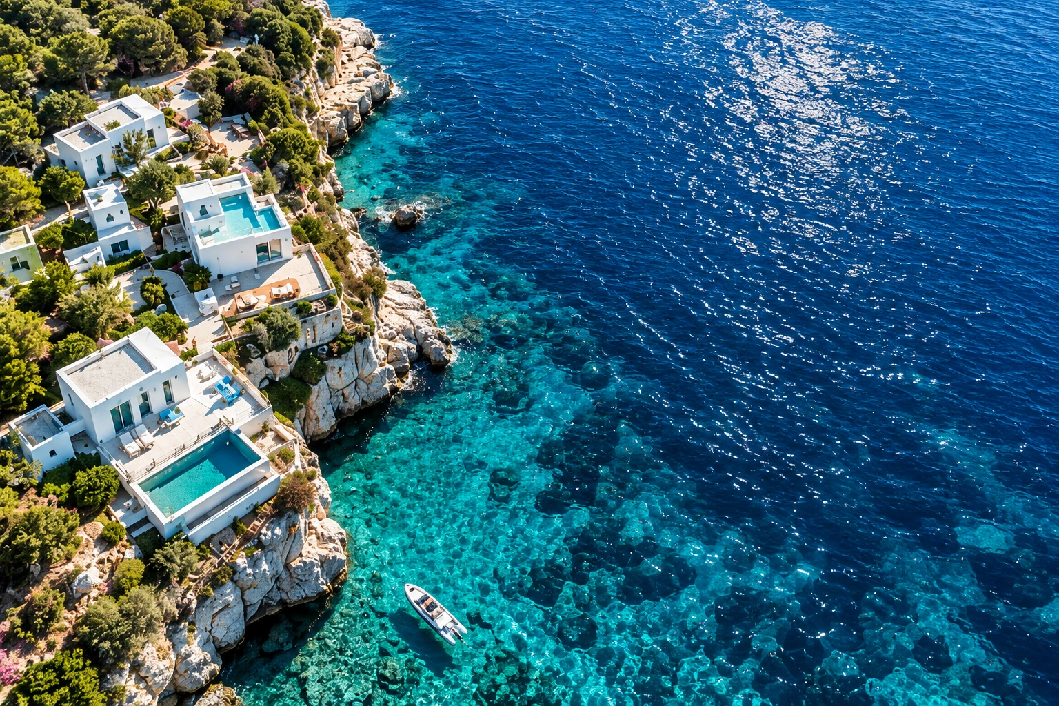 Aerial view of white coastal villas, swimming pools and turquoise Mediterranean water