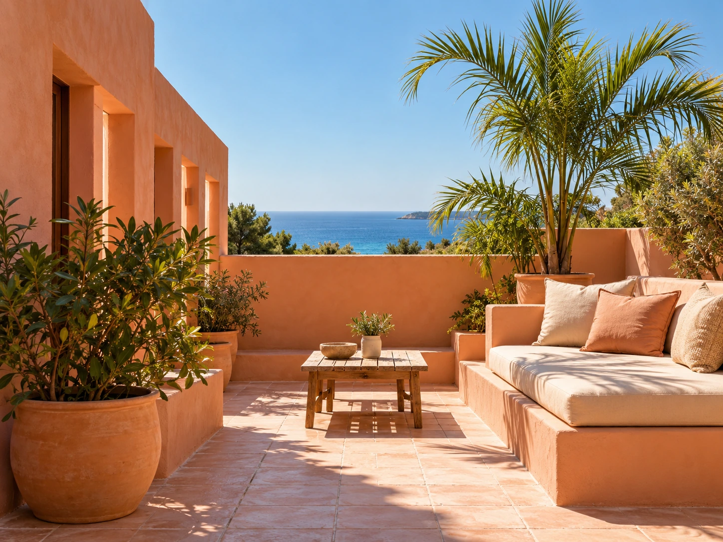 Warm terracotta courtyard with a palm and a small outdoor seating area